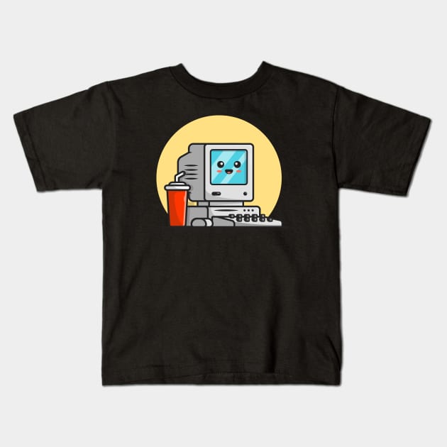 Cute Old Computer Desktop with Coffee Cartoon Vector Icon Illustration Kids T-Shirt by Catalyst Labs